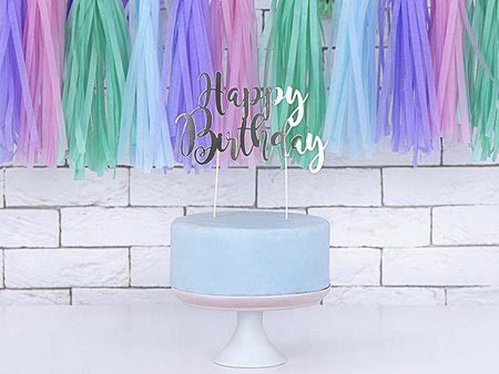 Topper na tort happy birthday, srebrny, 22,5cm
