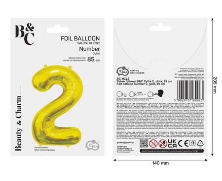 Balon foliowy B&C Cyfra 2 złota 85 cm AA 180923