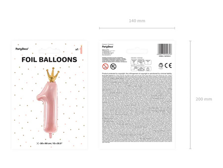 Balon foliowy Cyfra 1 z koroną 37x100cm jasno różowy 144316