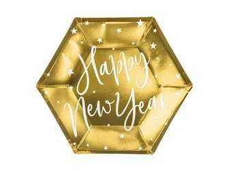 Talerzyki happy new year, złoty, 20cm (1 op. / 6 szt.)