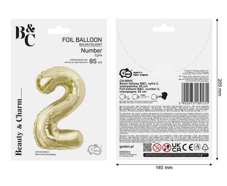 Balon foliowy B&C cyfra 2 szampańska 85 cm AA 189131