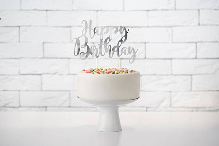 Topper na tort happy birthday, srebrny, 22,5cm