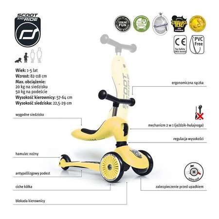 SCOOTANDRIDE Highwaykick 1 2w1 Jeździk i hulajnoga 1-5 lat Lemon 963541