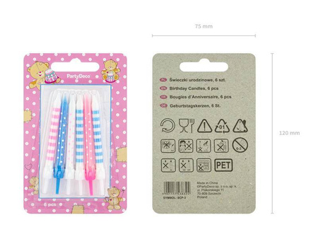 Świeczki urodzinowe kropki i paski, mix, 6,5cm (1 op. / 6 szt.)