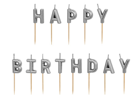 Świeczki urodzinowe Happy Birthday 13szt 2,5cm srebrne 032712