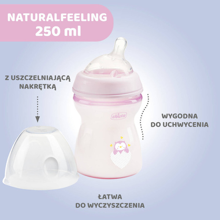 Chicco Butelka Plastikowa Naturalfeeling 250 ml smoczek silikonowy ,przepływ średni 2M+ 153664