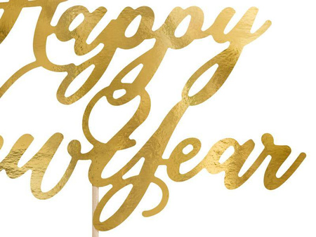 Topper na tort happy new year, złoty, 24cm