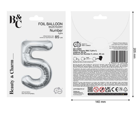 Balon foliowy B&C Cyfra 5 srebrna 85 cm 109498