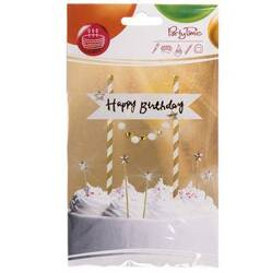 Dekoracja tortu Happy Birthday pomponiki złote 210133