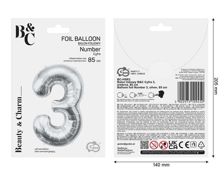 Balon foliowy B&C Cyfra 3 srebrna 85 cm 109450