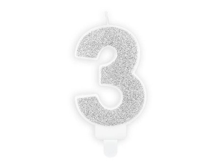 Świeczka urodzinowa cyferka 3, srebrny, 7cm