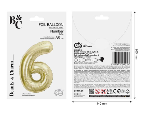 Balon foliowy B&C cyfra 6 szampańska 85 cm AA 189216