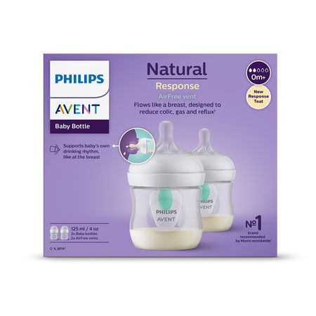 Philips AVENT Butelka Natural Response dla niemowląt z nakładką antykolkową AirFree 125 ml 0m+ 2 szt 990352