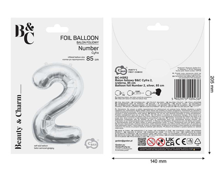 Balon foliowy B&C Cyfra 2 srebrna 85 cm 109436