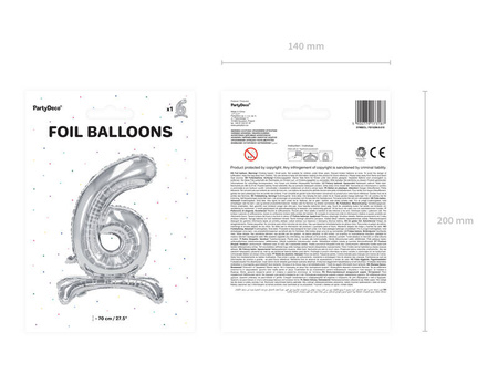 Stojący balon foliowy 70cm srebrny Cyfra 6 173187