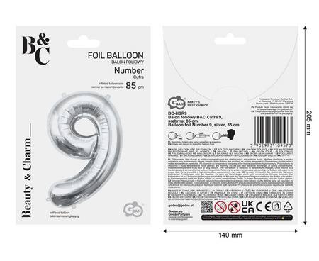 Balon foliowy B&C Cyfra 9 srebrna 85 cm 109573