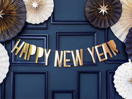 Baner happy new year, złoty, 10 x 90 cm