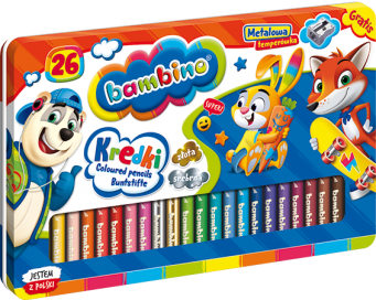 Kredki BAMBINO w oprawie drewnianej 26 kolorów + temperówka, pudełko metalowe