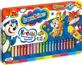 Kredki BAMBINO w oprawie drewnianej 26 kolorów + temperówka, pudełko metalowe