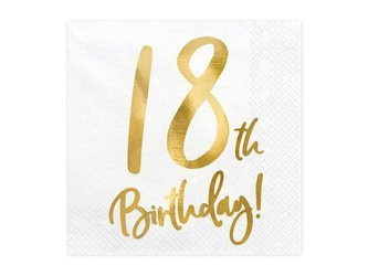 Serwetki 18th birthday, biały, 33x33cm (1 op. / 20 szt.)