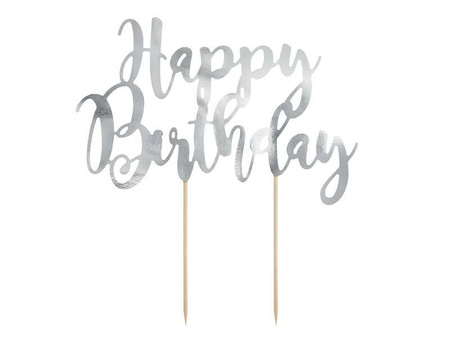 Topper na tort happy birthday, srebrny, 22,5cm