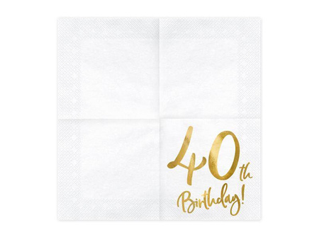 Serwetki 40th birthday, biały, 33x33cm (1 op. / 20 szt.)