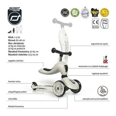 SCOOTANDRIDE Highwaykick 1 2w1 Jeździk i hulajnoga 1-5 lat Ash 962681