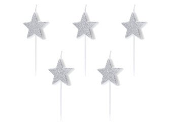 Świeczki urodzinowe Gwiazdki srebrne 5szt 3,5cm 105782