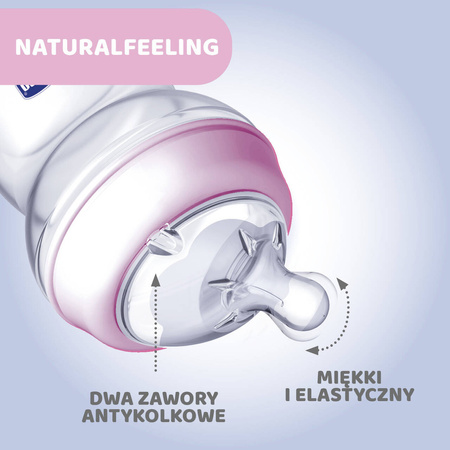 Chicco Butelka Plastikowa Naturalfeeling  250 ml niebieska smoczek silikonowy ,przepływ średni 2M+ 153640