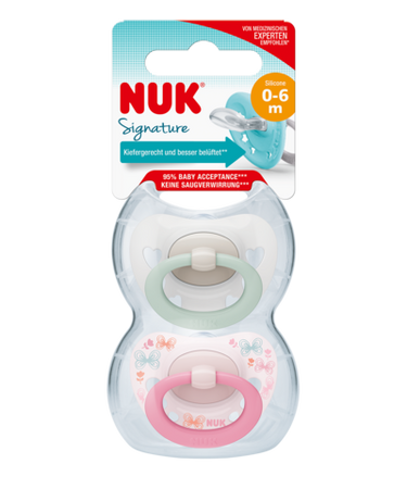 Nuk Smoczek uspokajający silikonowy 0-6 m-cy Signature Night 2szt /box 382300
