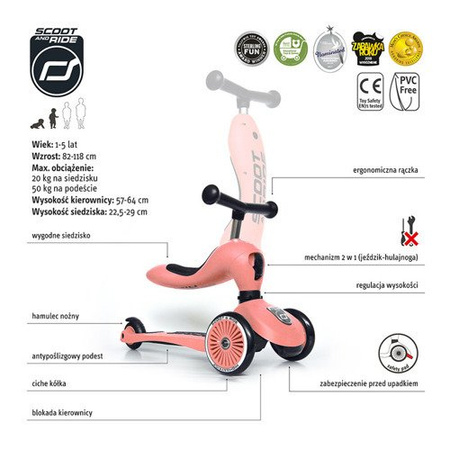 SCOOTANDRIDE Highwaykick 1 2w1 Jeździk i hulajnoga 1-5 lat Peach 963534