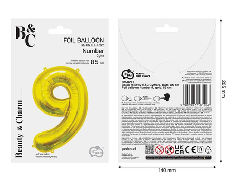 Balon foliowy B&C Cyfra 9 złota 85 cm AA 181067