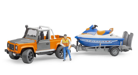 Bruder 02599 land rover z lawetą ,skuterem i figurką 