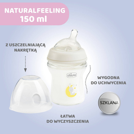 Chicco Butelka Szklana Naturalfeeling 150 ml smoczek silikonowy ,przepływ wolny 0M+ 153459