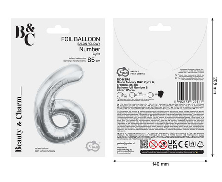 Balon foliowy B&C Cyfra 6 srebrna 85 cm 109511