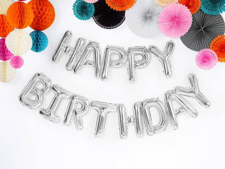 Balon foliowy happy birthday, 340x35cm, srebrny