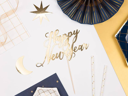 Topper na tort happy new year, złoty, 24cm