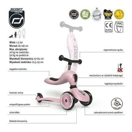 SCOOTANDRIDE Highwaykick 1 2w1 Jeździk i hulajnoga 1-5 lat Rose  962704
