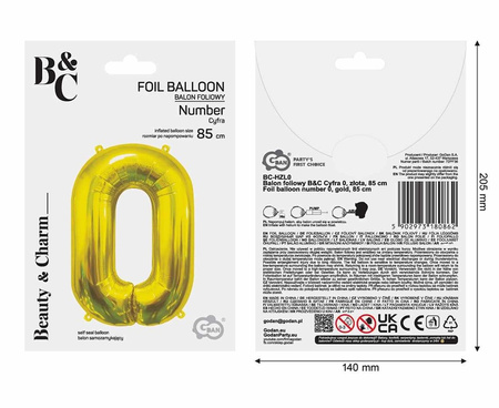 Balon foliowy B&C Cyfra 0 złota 85 cm AA 180862