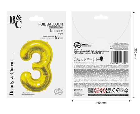 Balon foliowy B&C Cyfra 3 złota 85 cm  AA 180947