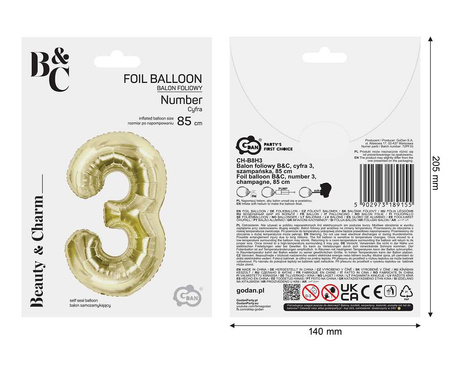 Balon foliowy B&C cyfra 3 szampańska 85 cm AA 189155