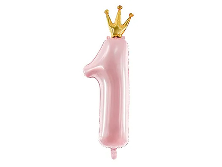 Balon foliowy Cyfra 1 z koroną 37x100cm jasno różowy 144316