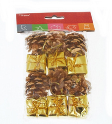 Komplet ozdób choinkowych - prezenciki szyszki 12szt złote 226011