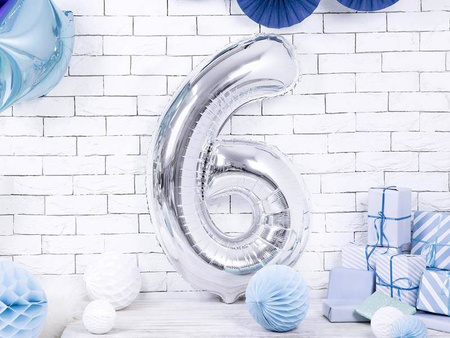 Balon foliowy cyfra "6", 86cm, srebrny