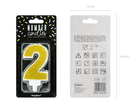 Świeczka urodzinowa cyferka 2, złoty, 7cm