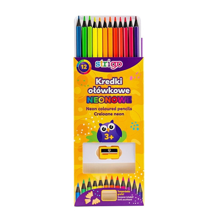 Strigo Kredki ołówkowe hexagonalne Czarne drewno neonowe 12 szt + temperówka 944487