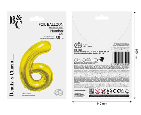 Balon foliowy B&C Cyfra 6 złota 85 cm AA 181005
