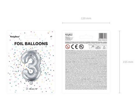 Balon foliowy cyfra 3 srebrny 35cm 772533