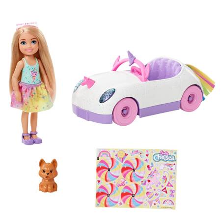 Barbie GXT41 Autko + Chelsea tęczowa + piesek 961997