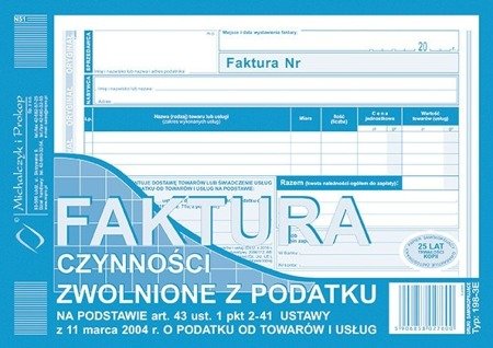 Druk faktura a5 czynności zwolnione z podatku 198-3e